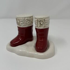 Grasslands Road Santa Red Boots Snow Tray Ceramic Salt & Pepper Shaker Set